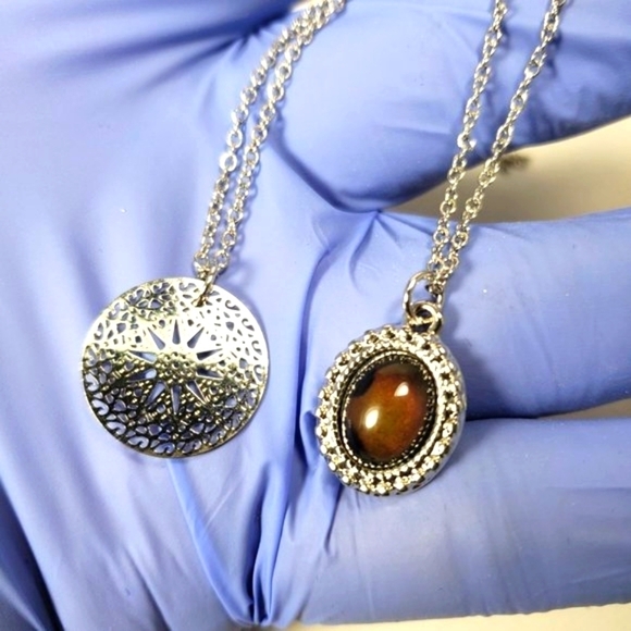 Silver-tone Set of 3 Black Velvet Choker Necklaces w/ Stone & Filigree Pendant - Picture 3 of 12